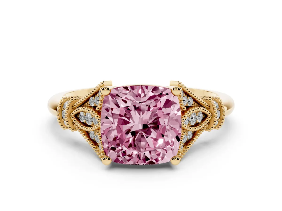 Fancy Pink Cushion Cut Diamond Solitaire Ring with Floral Filigree and Pave Accents Yellow gold