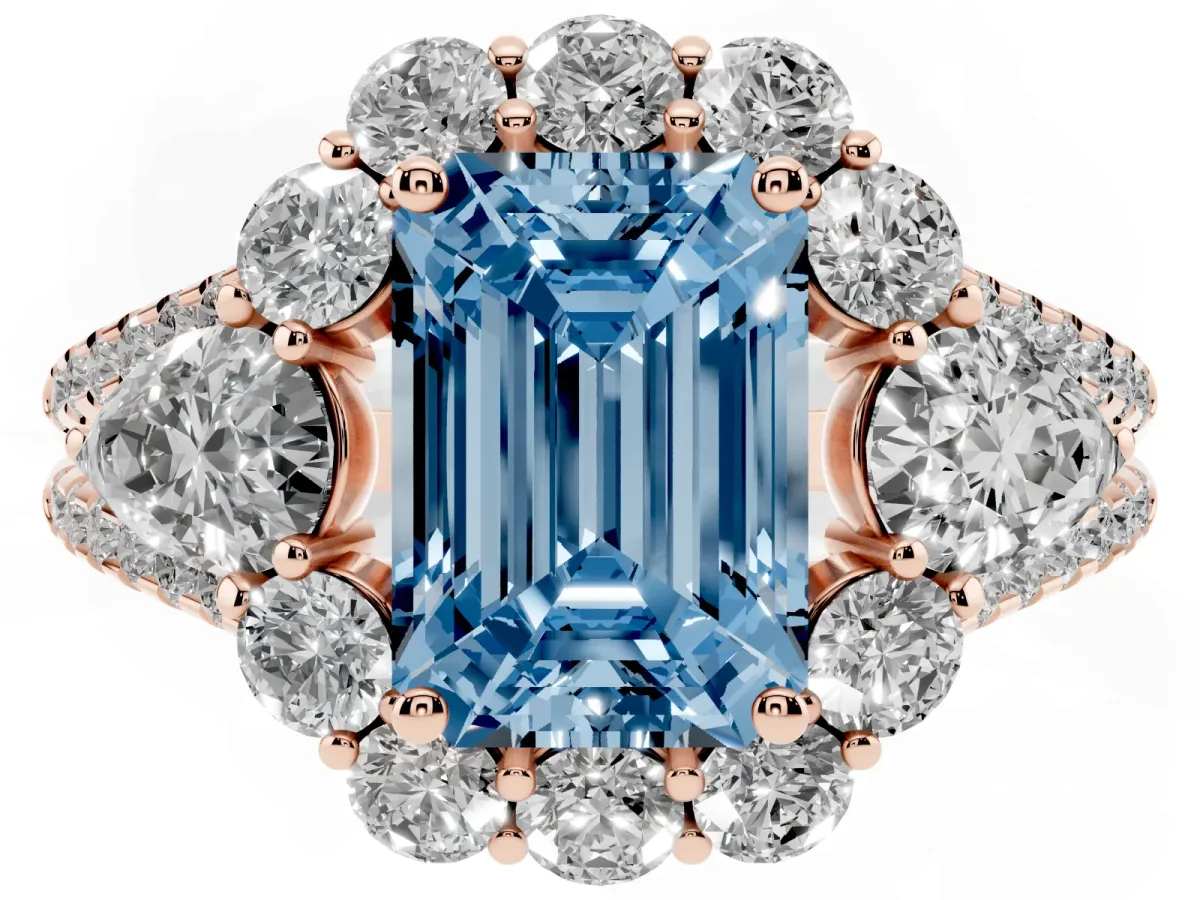 Fancy Blue Emerald Cut Halo Split Shank Diamond Engagement Ring with Prong Setting Rose gold