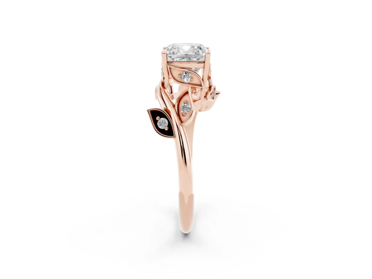 Cushion Cut Solitaire Twist Engagement Ring with Leaf Accents and Prong Setting Rose gold