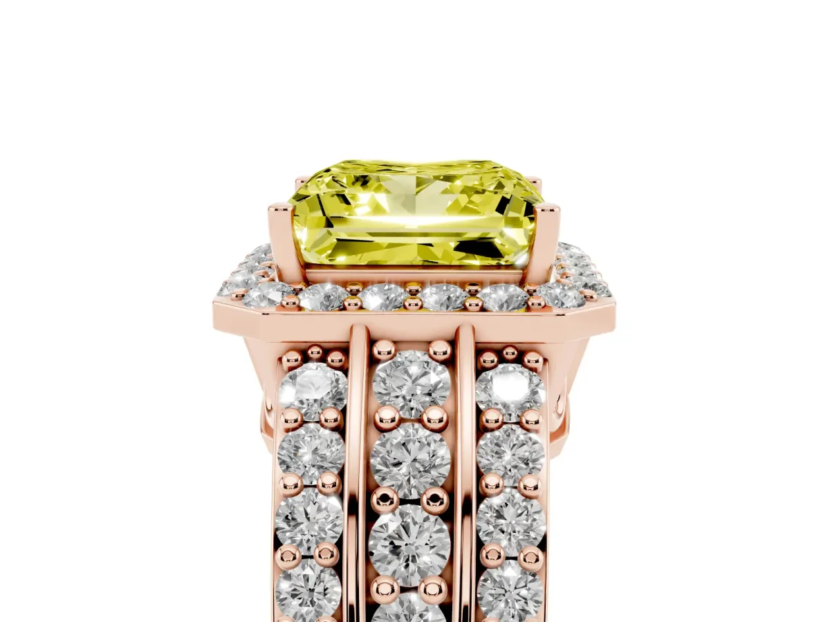 Fancy Yellow Princess Cut Halo Diamond Ring with Round Split Shank and Prong Setting Rose gold