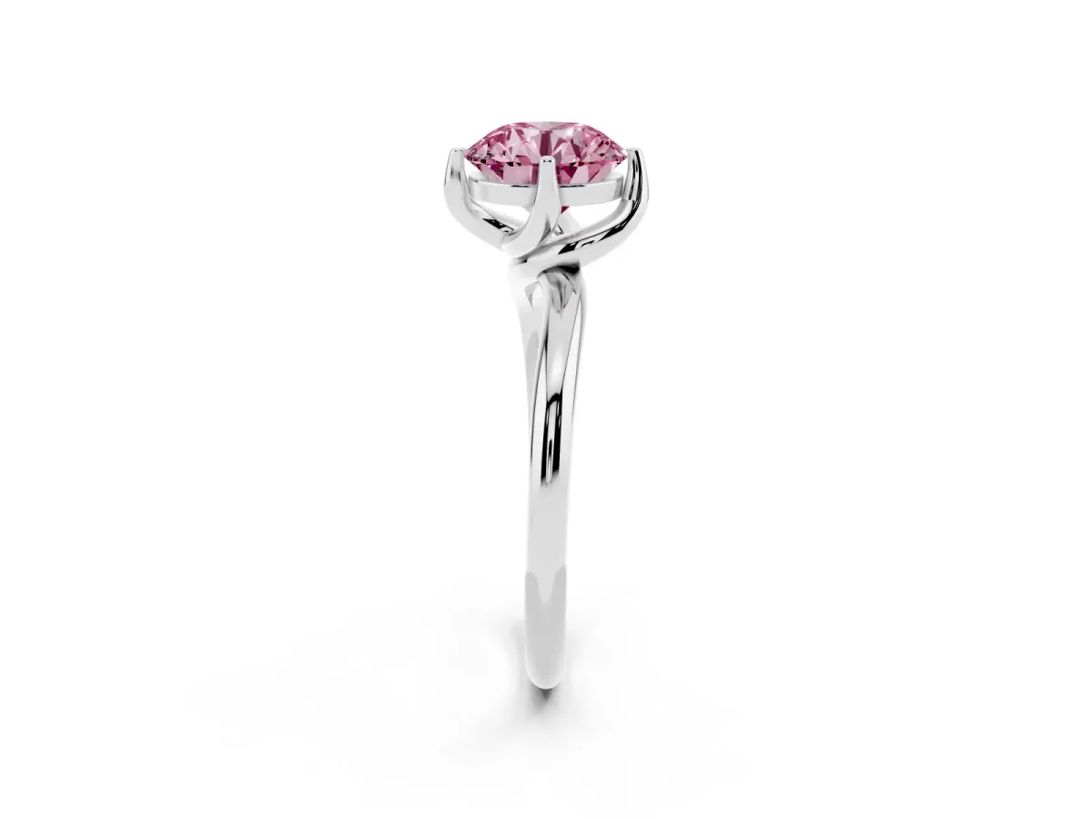 Fancy Pink Round Cut Diamond Solitaire Engagement Ring with Four-Prong Setting and Classic Band Silver