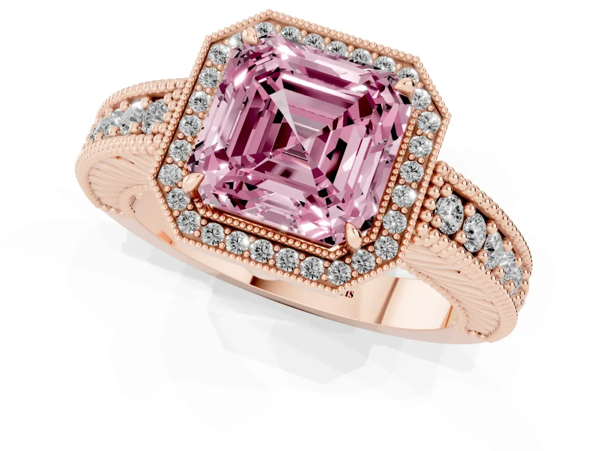 Fancy Pink Asscher Cut Cut Halo Diamond Ring with Pavé Band and Four-Prong Setting Rose gold