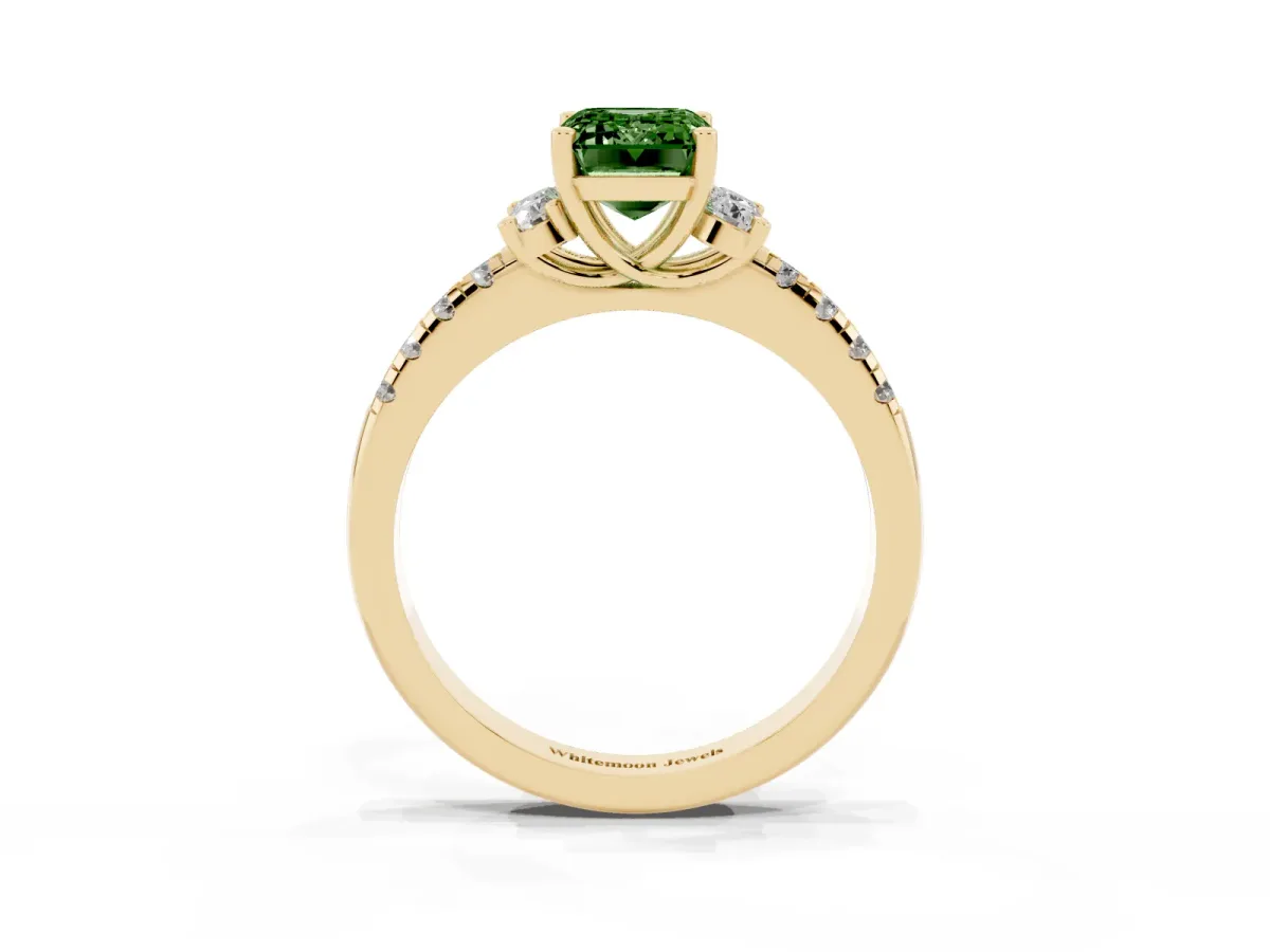 Fancy Green Emerald Cut Diamond Three-Stone Pave Band with Four-Prong Setting Yellow gold