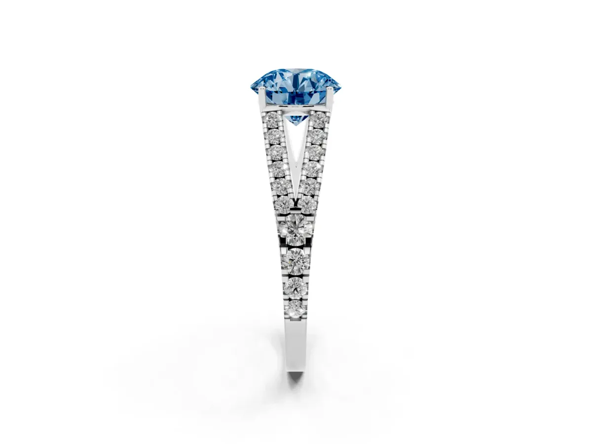 Fancy Blue Round Cut Diamond Split Shank Engagement Ring with Round Pavé and Prong Setting Silver
