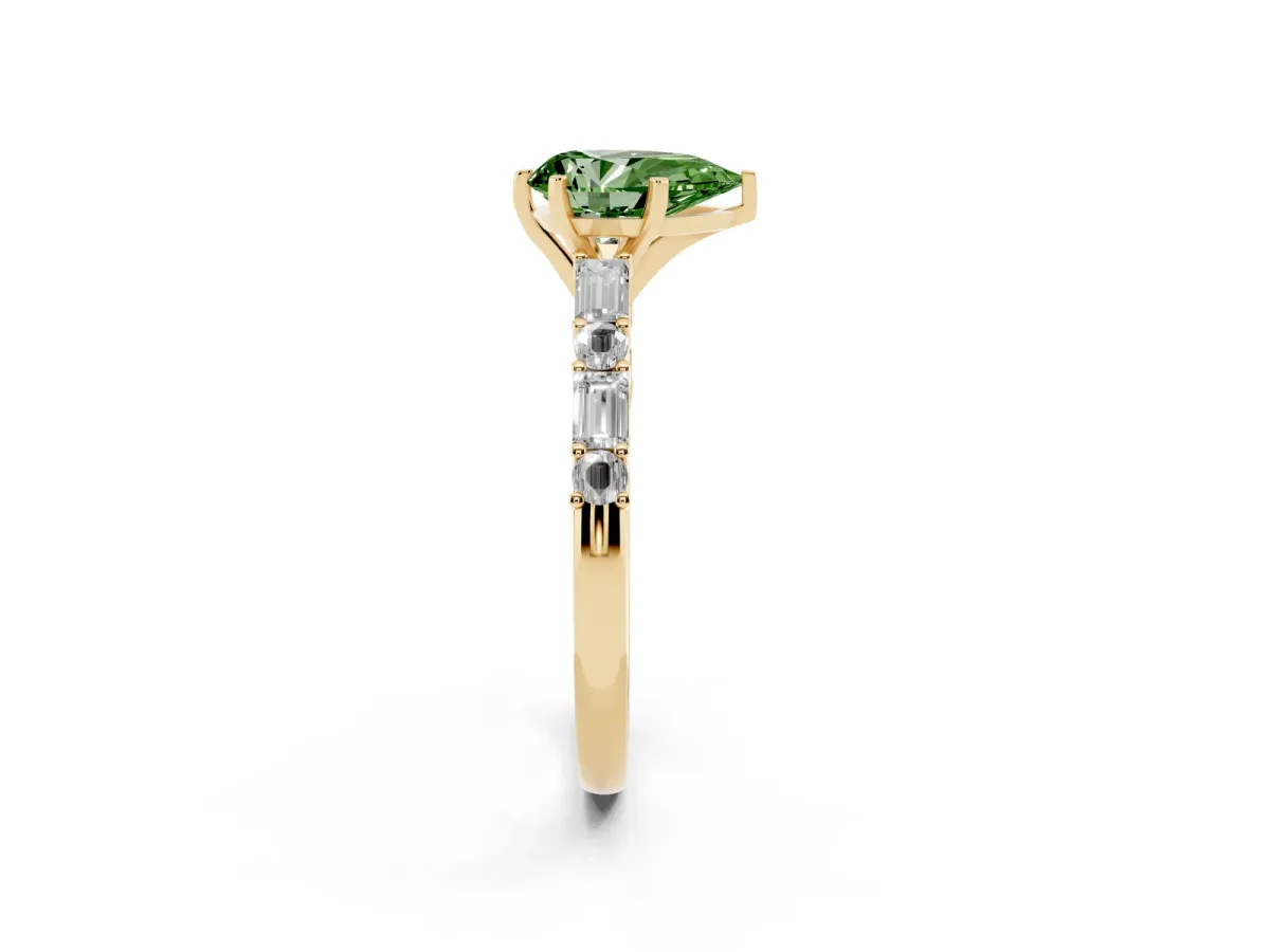Fancy Green Pear Cut Diamond Solitaire with Side Baguettes and Channel Set Band Yellow gold