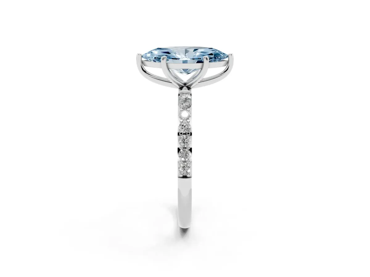 Fancy Blue Marquise Cut Diamond Solitaire Ring with Round Pavé Shoulders and Prong Setting Silver