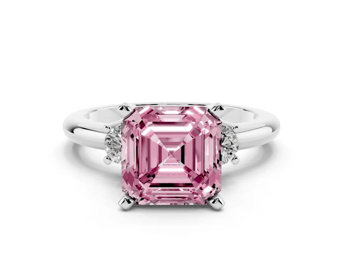 Fancy Pink Three-Stone Asscher Cut Cut Diamond Solitaire with Prong Setting and Classic Band Silver