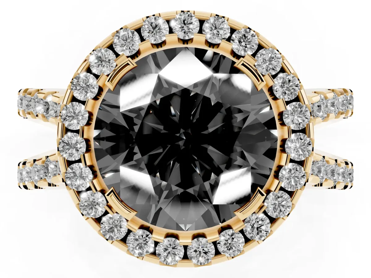 Fancy Black Round Cut Diamond Halo Ring with Split Shank Pavé Band and Prong Setting Yellow gold