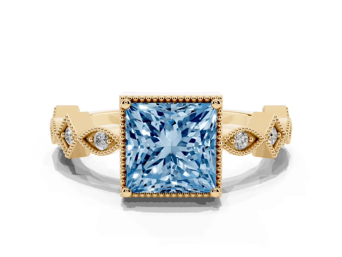 Fancy Blue Princess Cut Milgrain Marquise Diamond Twist Band Ring Yellow gold