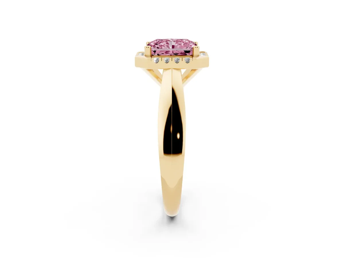 Fancy Pink Radiant Cut Cut Halo Solitaire Engagement Ring with Square Band and Four-Prong Setting Yellow gold