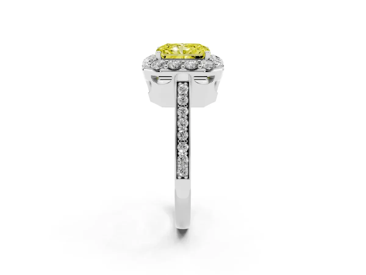 Fancy Yellow Radiant Cut Diamond Floral Halo Ring with Pavé Band and Prong Setting Platinum