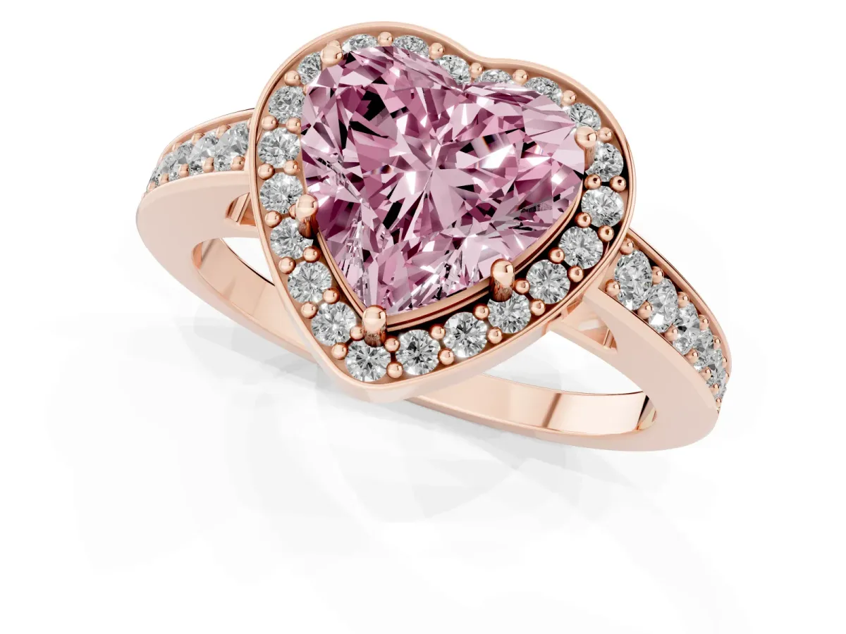 Fancy Pink Heart Cut Halo Pavé Diamond Engagement Ring with Bezel Setting Rose gold