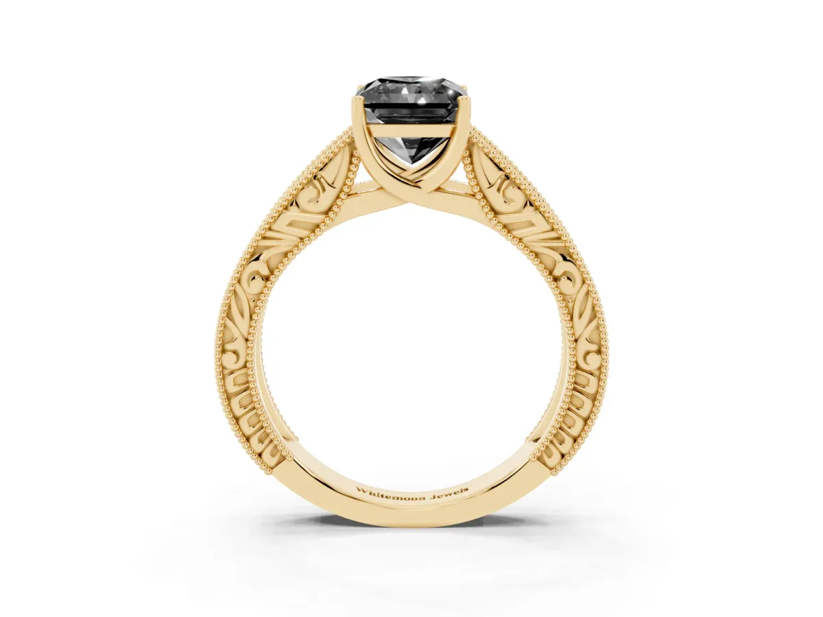 Fancy Black Radiant Cut Diamond Solitaire Ring with Engraved Band and Four-Prong Setting Yellow gold