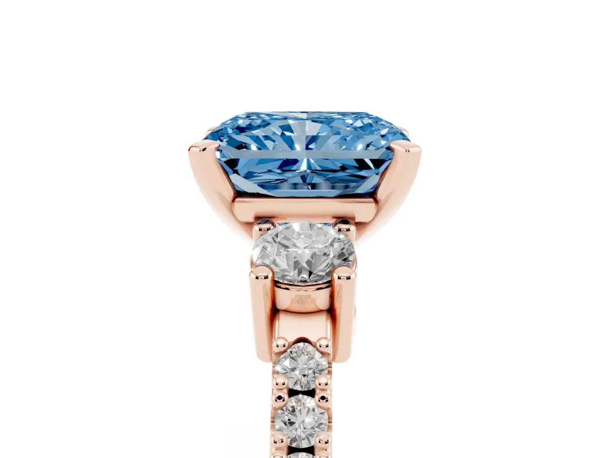 Fancy Blue Radiant Cut Three-Stone Diamond Pavé Band with Prong Setting Rose gold
