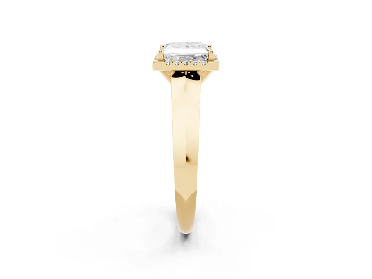 Princess Cut Halo Diamond Ring with Cathedral Band and Four-Prong Setting Yellow gold