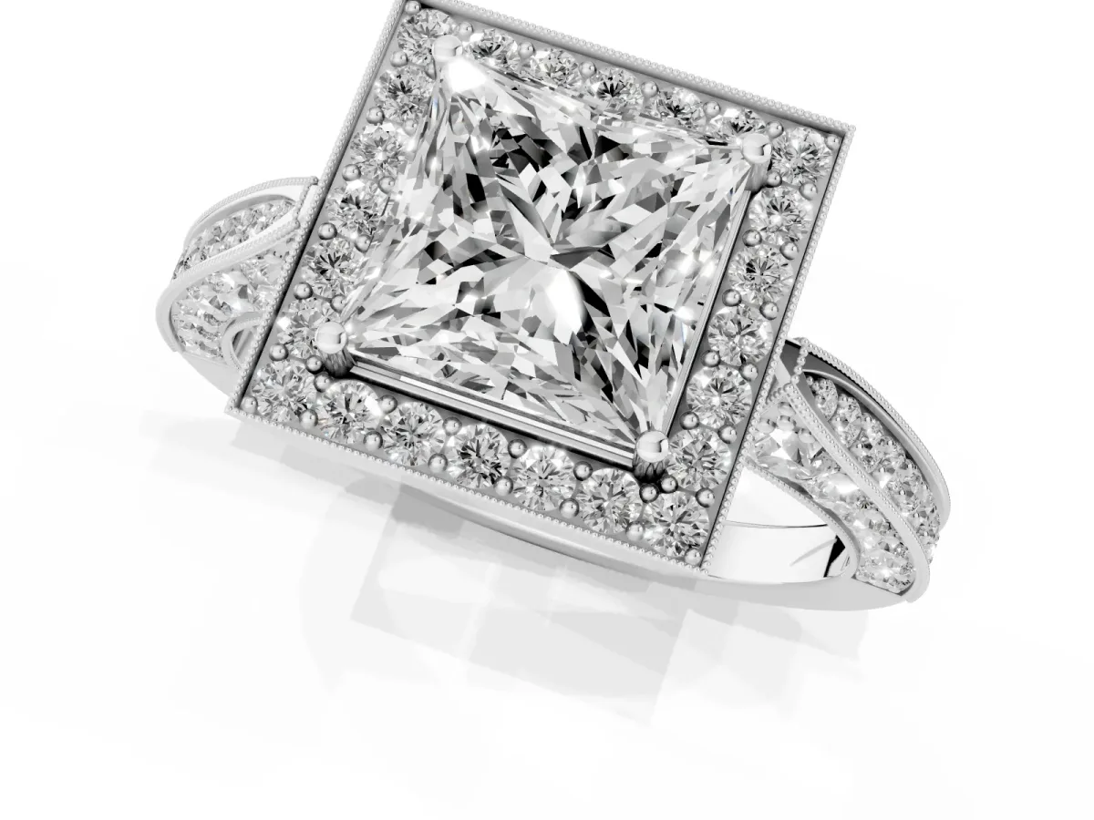 Princess Cut Halo Diamond Engagement Ring with Split Shank Band and Four-Prong Setting Silver