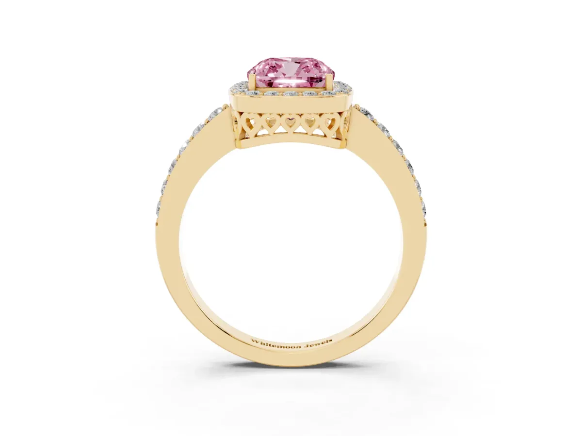 Fancy Pink Cushion Cut Halo Diamond Pavé Band Ring with Prong Setting Yellow gold