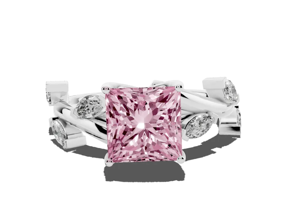 Fancy Pink Princess Cut Solitaire Twisted Band Marquise Accent Prong Setting Ring Silver