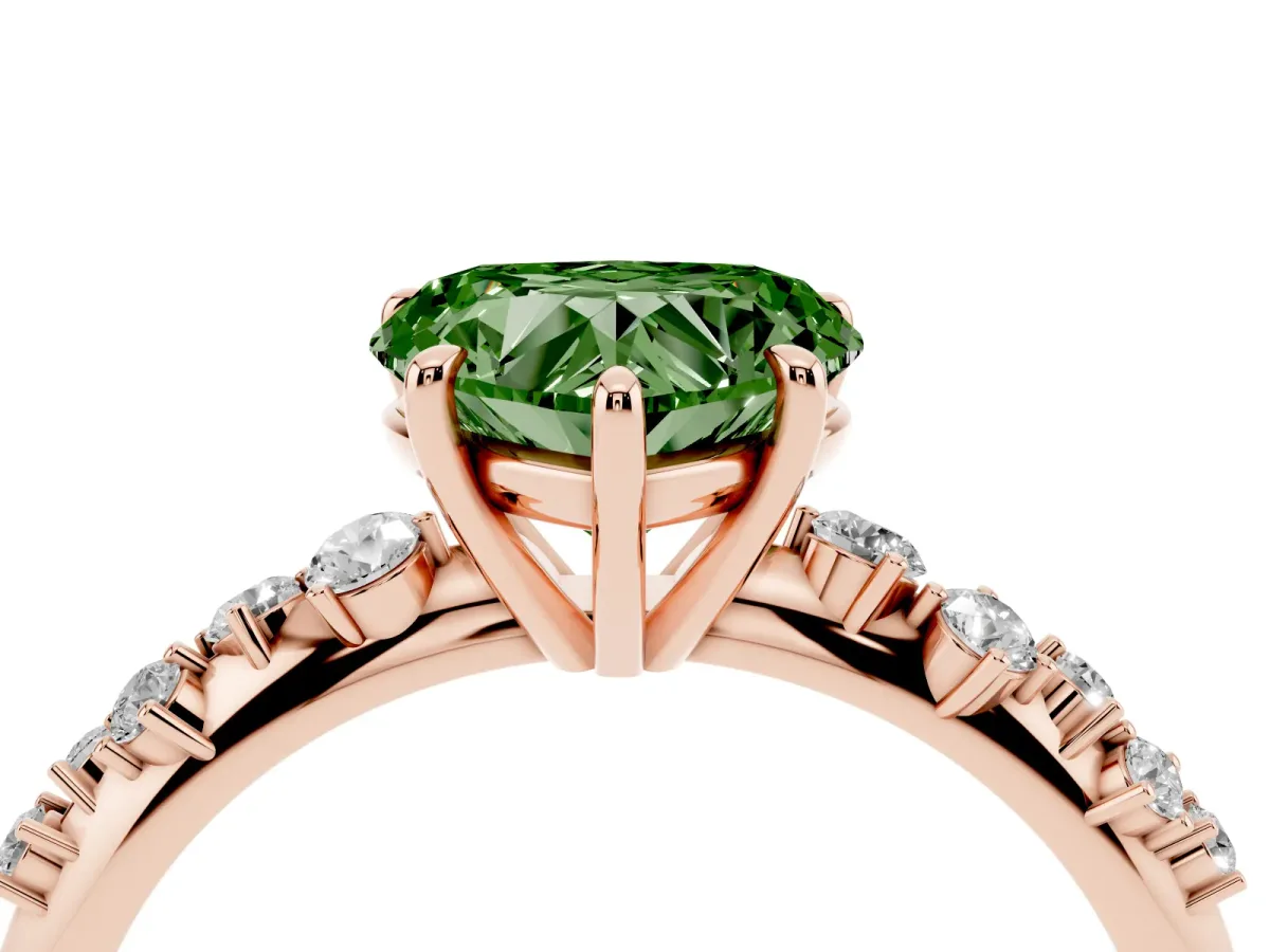 Fancy Green Heart Cut Diamond Cluster Side Stone Solitaire Ring with Prong Setting Rose gold