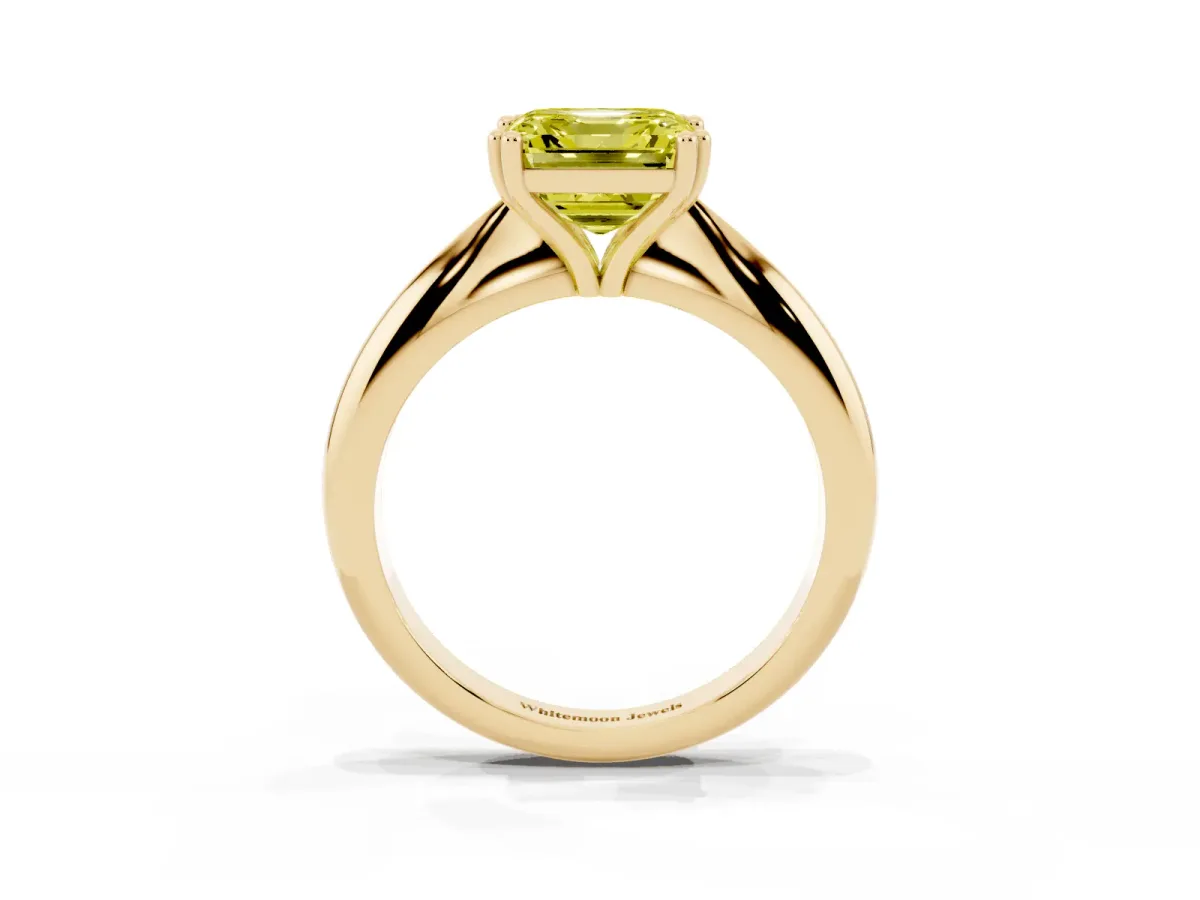 Fancy Yellow Asscher Cut Cut Solitaire Engagement Ring with Tapered Band and Four-Prong Setting Yellow gold