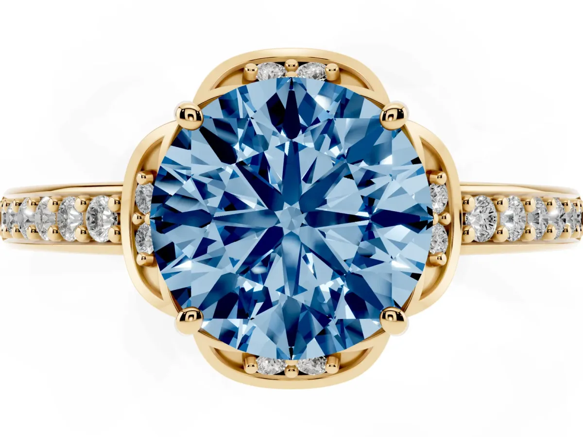 Fancy Blue Round Cut Cut Halo Diamond Ring with Channel Set Band and Four-Prong Setting Yellow gold