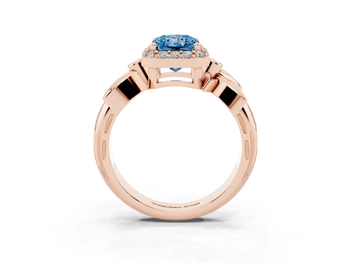 Fancy Blue Radiant Cut Halo Diamond Floral Band with Four-Prong Setting Rose gold