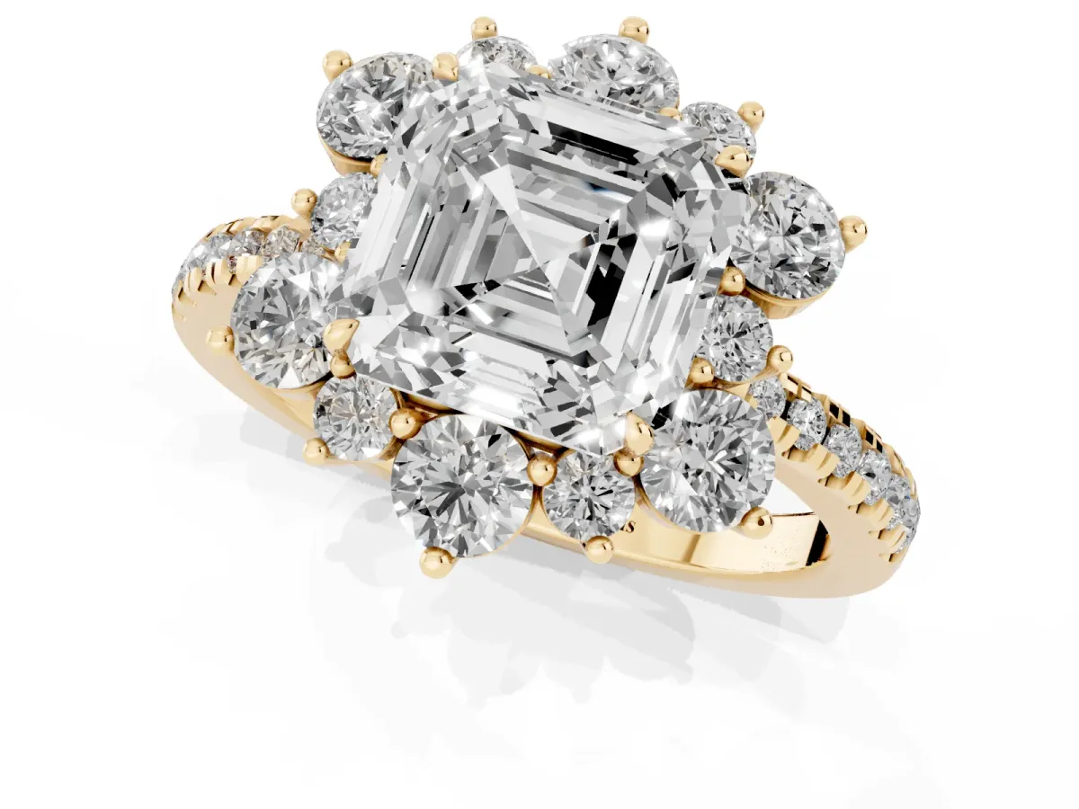 Asscher Cut Diamond Floral Halo Ring with Round Pavé Band and Prong Setting Yellow gold