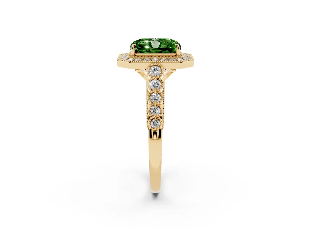 Fancy Green Radiant Cut Halo Milgrain Solitaire with Bezel Set Side Stones and Pave Band Yellow gold