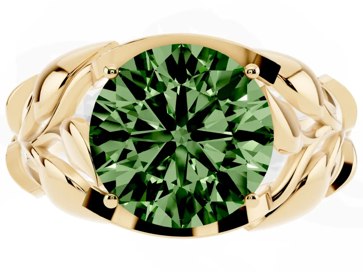 Fancy Green Round Cut Diamond Leaf-Inspired Engagement Ring with Round Accents and Prong Setting Yellow gold