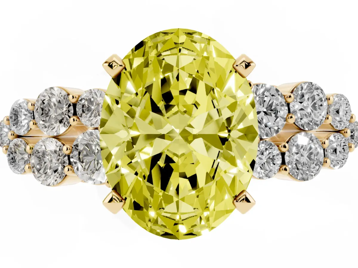 Fancy Yellow Oval Cut Cluster Diamond Engagement Ring with Pavé Band and Four-Prong Setting Yellow gold