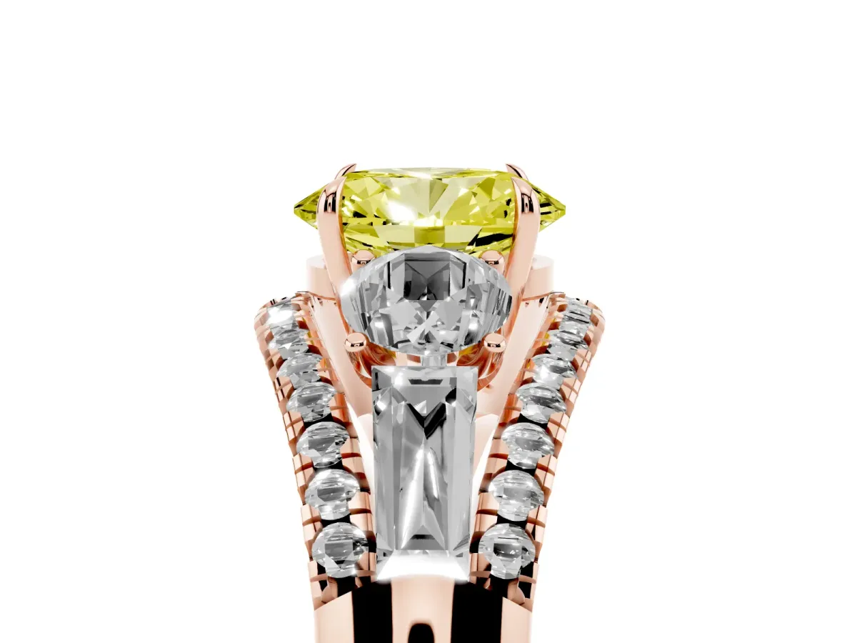 Fancy Yellow Three-Stone Oval Cut Diamond Engagement Ring with Pave Band and Prong Setting Rose gold