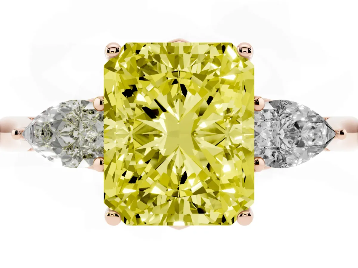 Fancy Yellow Radiant Cut Diamond Three-Stone Ring with Pear Side Stones and Prong Setting Rose gold