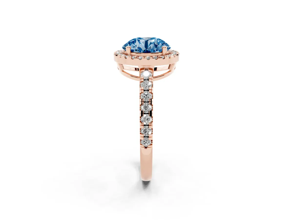 Fancy Blue Round Cut Diamond Halo Ring with Pavé Band and Four-Prong Setting Rose gold