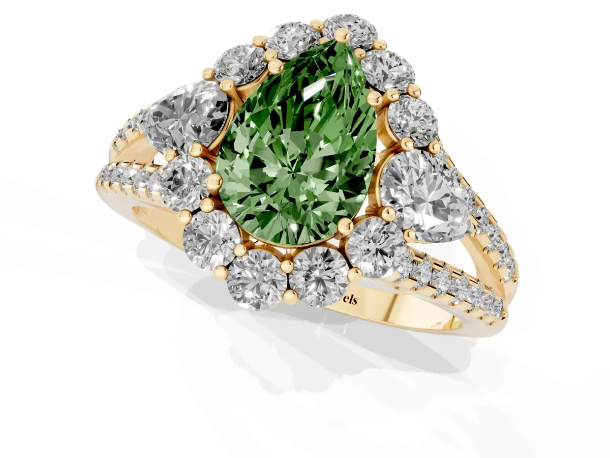 Fancy Green Pear Cut Halo Split Shank Diamond Engagement Ring with Prong Setting Yellow gold