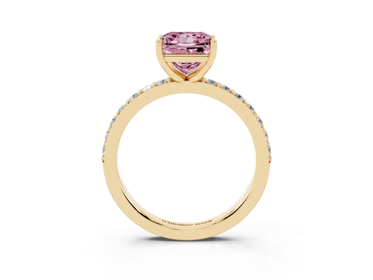Fancy Pink Princess Cut Cut Diamond Solitaire with Pave Band and Four-Prong Setting Yellow gold
