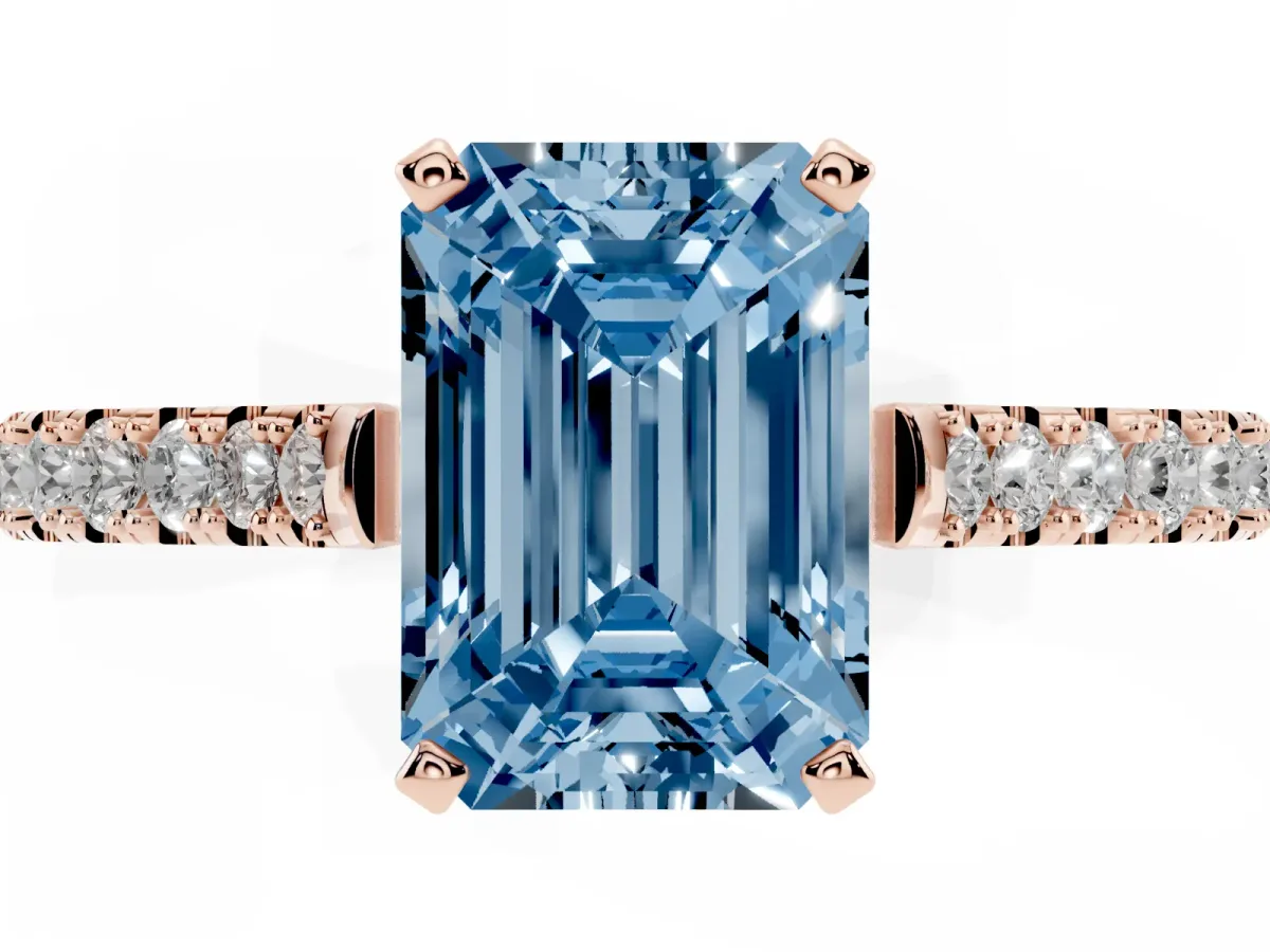 Fancy Blue Emerald Cut Cut Solitaire Diamond Engagement Ring with Pave Band and Four-Prong Setting Rose gold