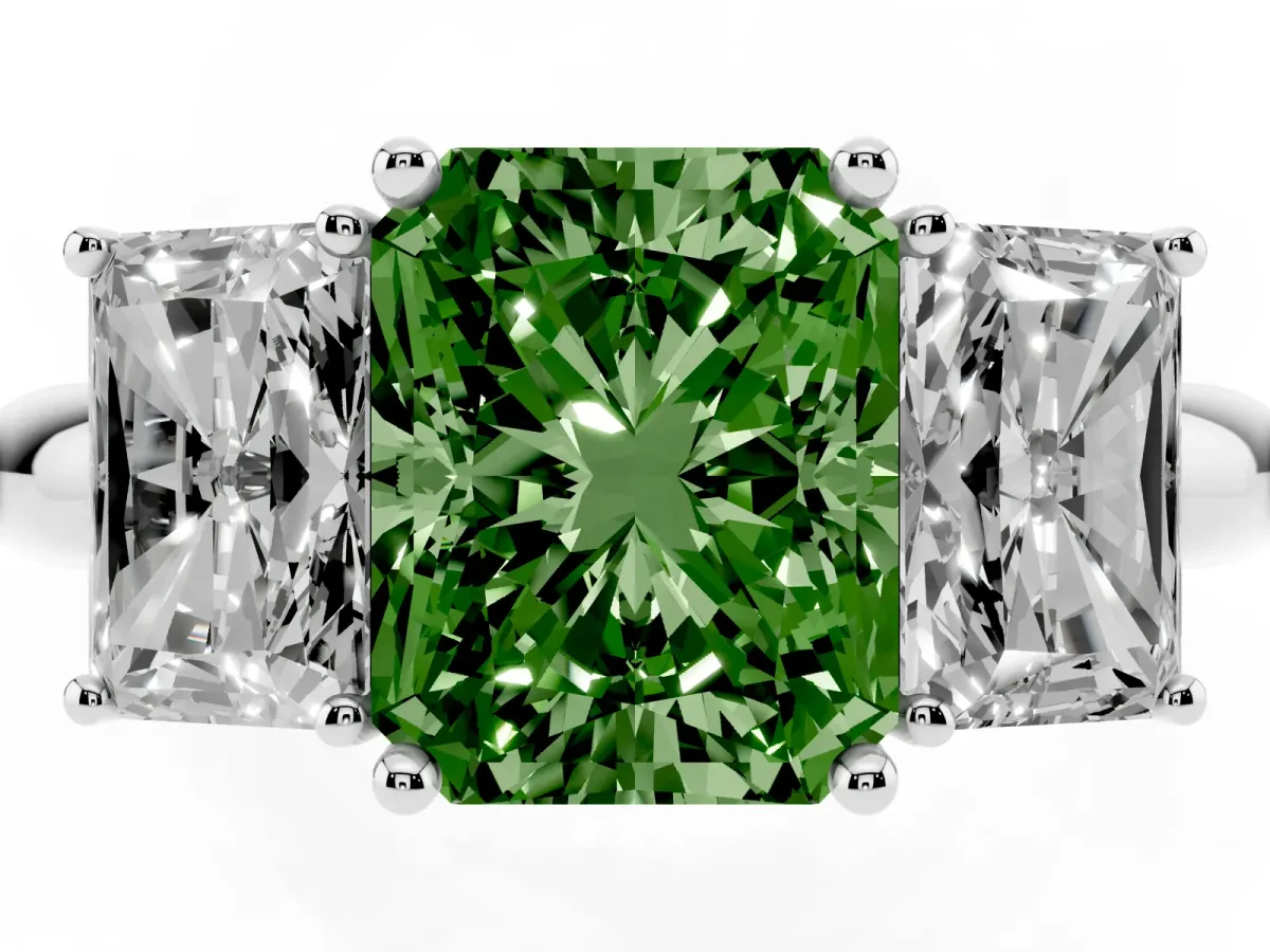 Fancy Green Three-Stone Radiant Cut Cut Diamond Engagement Ring with Prong Setting on a White Gold Band Silver