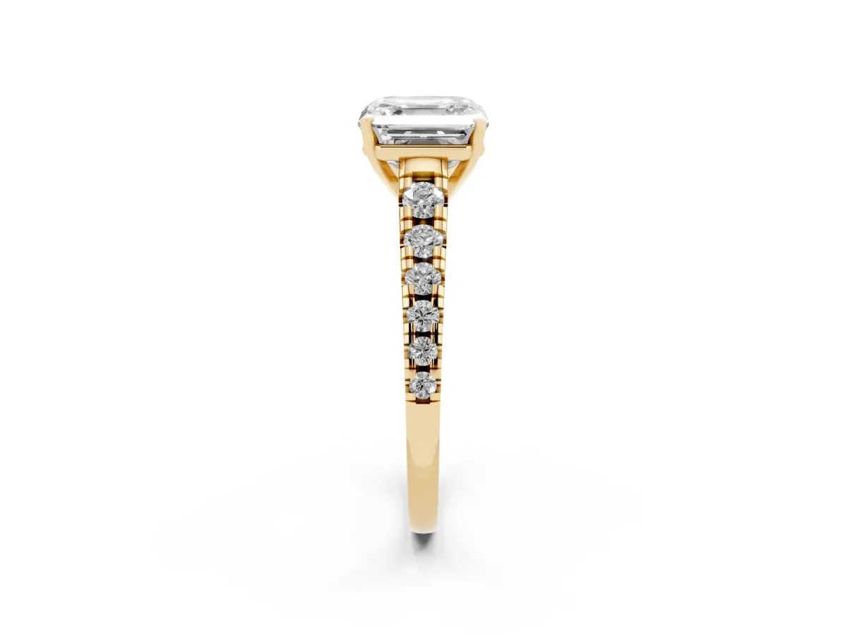 Asscher Cut Diamond Cathedral Solitaire Ring with Round Pavé Band Yellow gold
