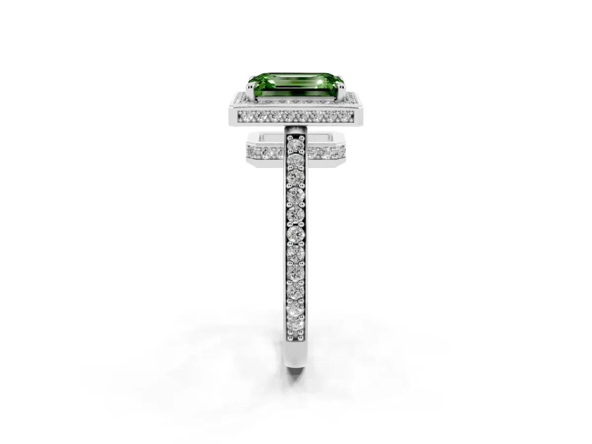 Fancy Green Emerald Cut Halo Pave Band Solitaire Ring with Prong Setting Silver