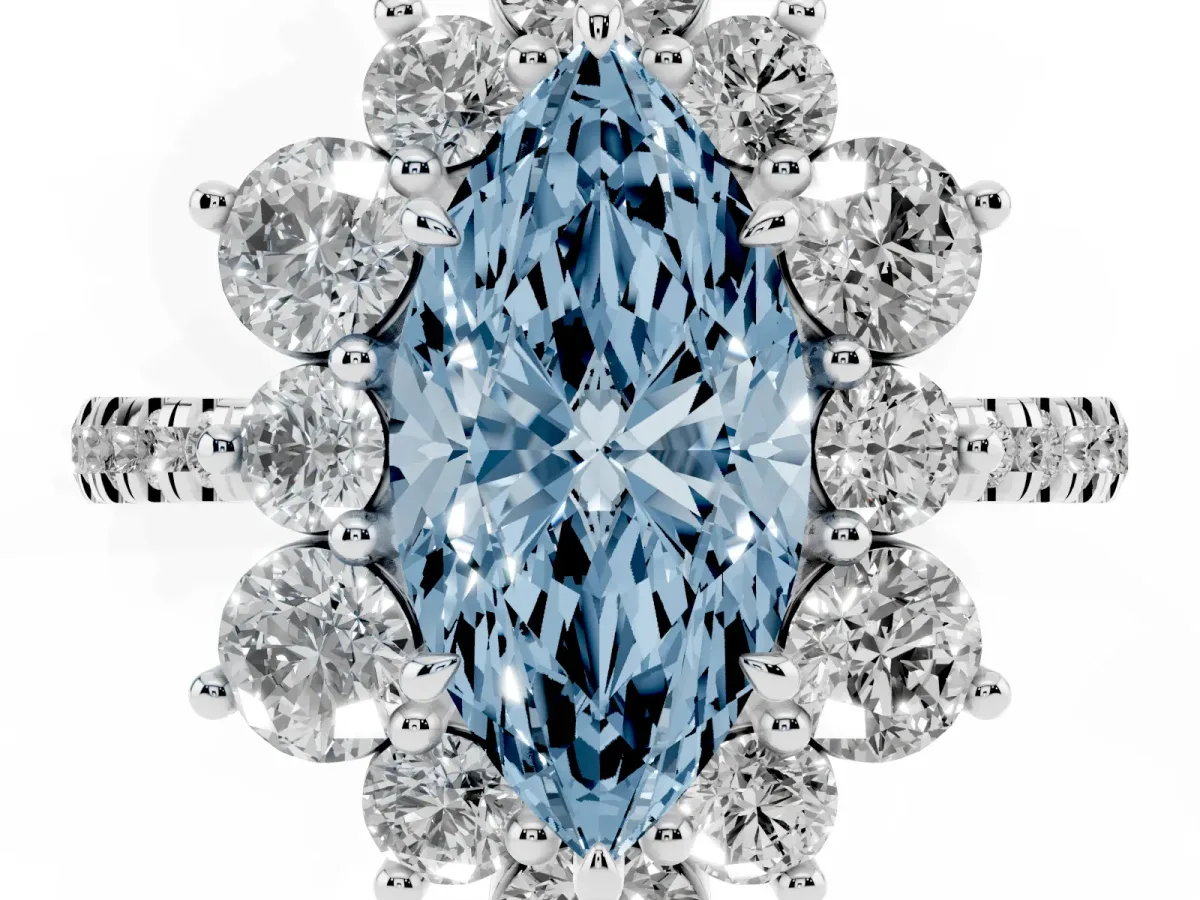 Fancy Blue Marquise Cut Diamond Floral Halo Ring with Round Pavé Band and Prong Setting White gold