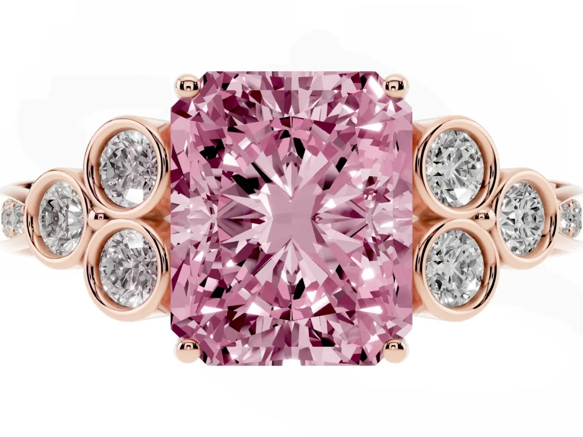 Fancy Pink Radiant Cut Cut Diamond Engagement Ring with Bezel Set Round Side Stones and Prong Setting Rose gold