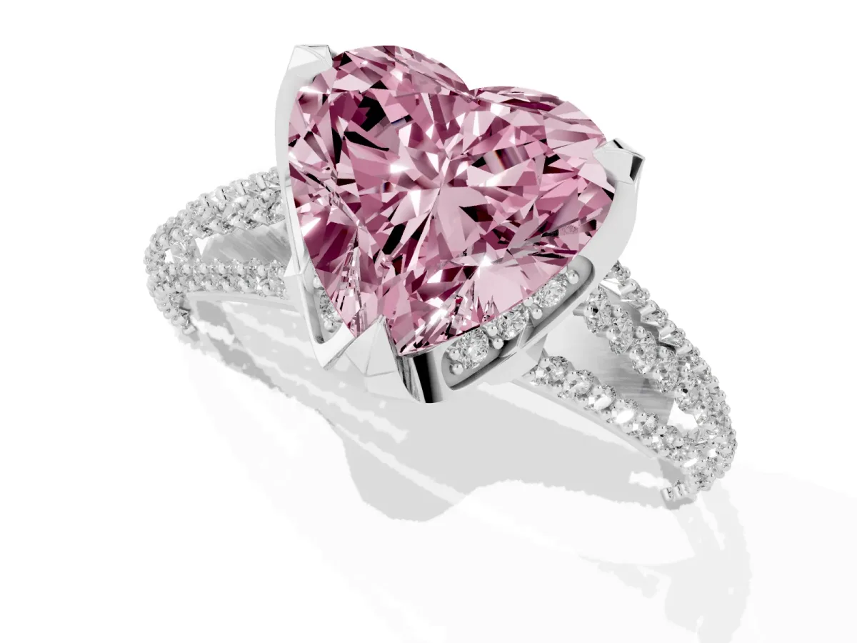 Fancy Pink Heart Cut Solitaire Pave Split Shank Ring with Four-Prong Setting Silver
