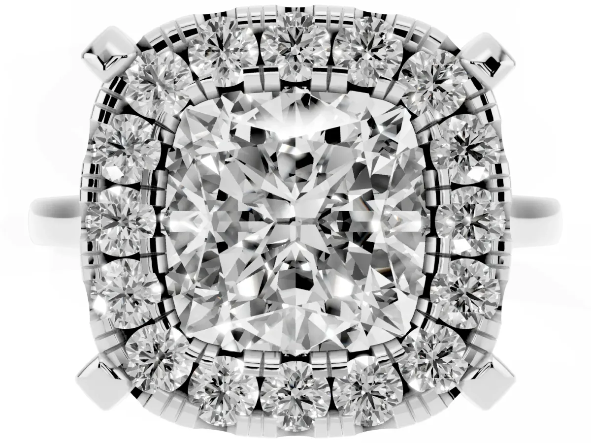 Cushion Cut Diamond Cluster Halo Solitaire with Four-Prong Setting Platinum