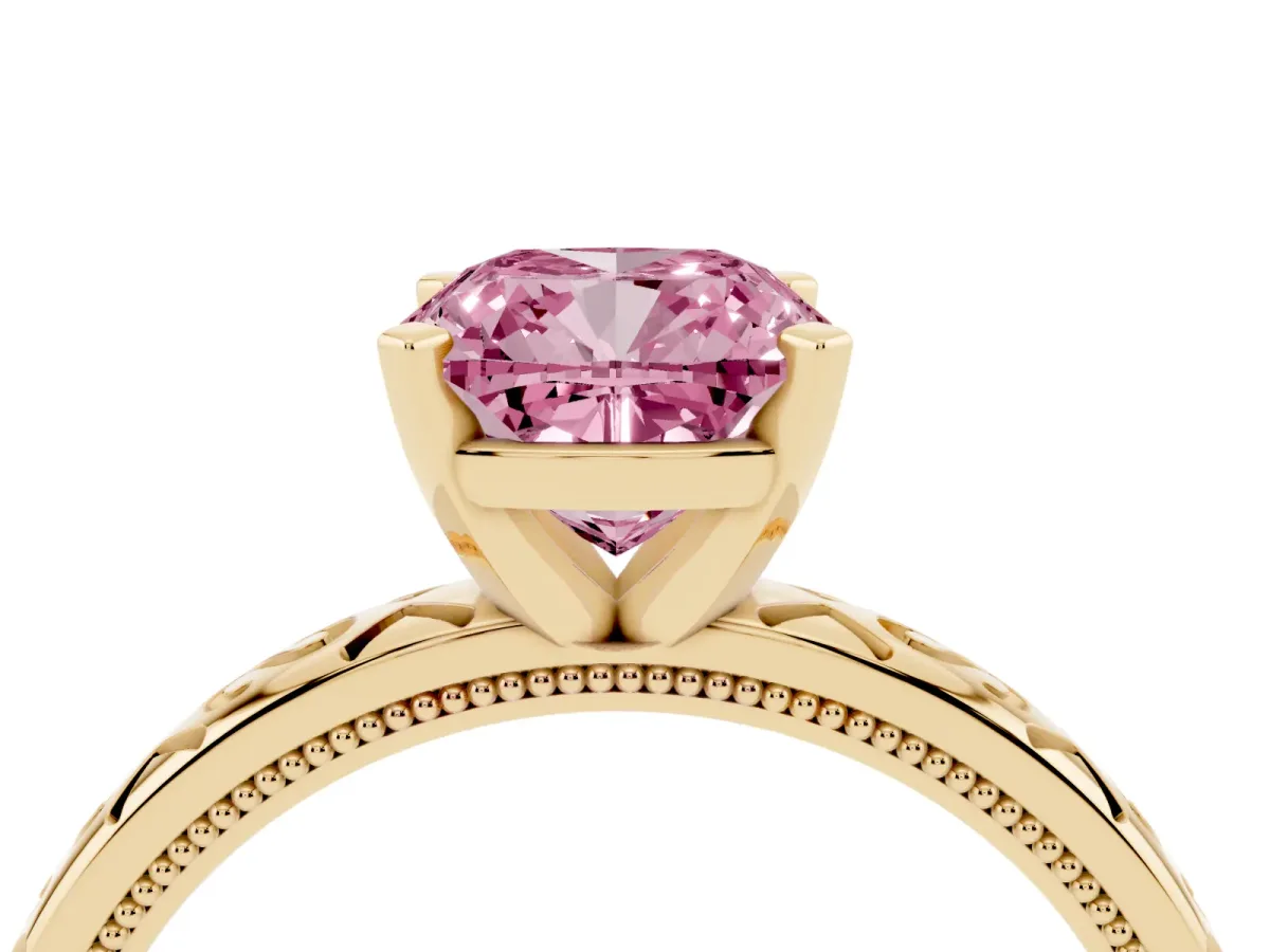 Fancy Pink Cushion Cut Solitaire Engagement Ring with Scrollwork Band and Four-Prong Setting Yellow gold