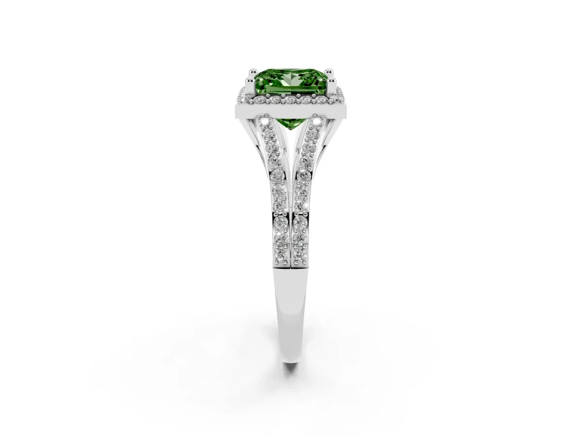Fancy Green Princess Cut Halo Split Shank Pave Diamond Ring with Four-Prong Setting Silver