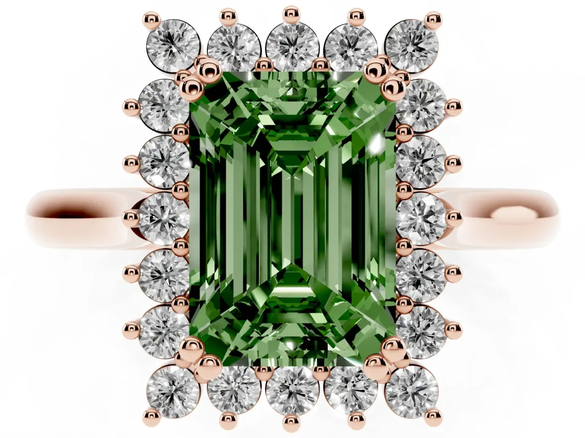 Fancy Green Emerald Cut Cut Diamond Halo Ring with Solitaire Band and Prong Setting Rose gold
