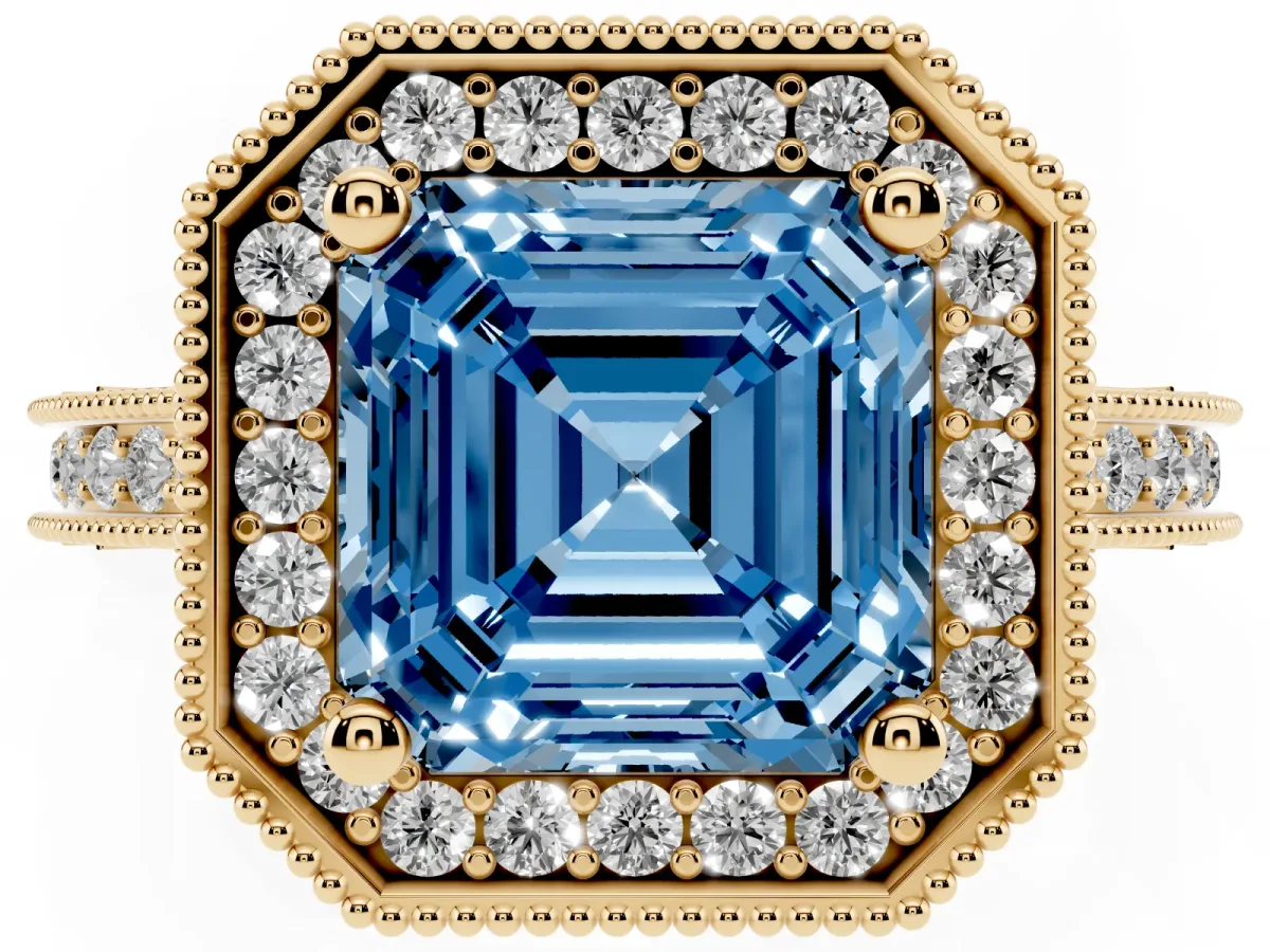 Fancy Blue Asscher Cut Diamond Milgrain Halo Engagement Ring with Round Pavé Band and Prong Setting Yellow gold