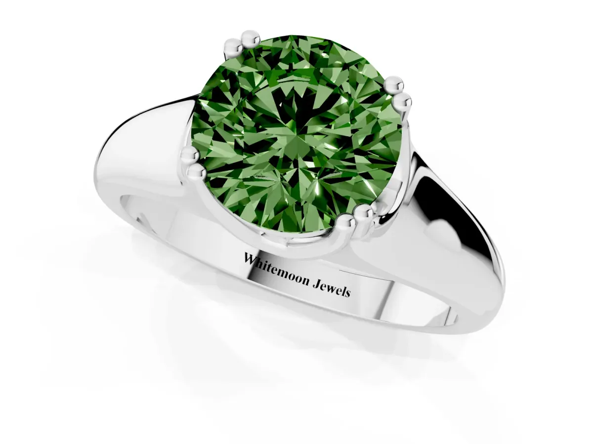 Fancy Green Round Cut Diamond Solitaire Ring with Wide Band and Prong Setting Silver