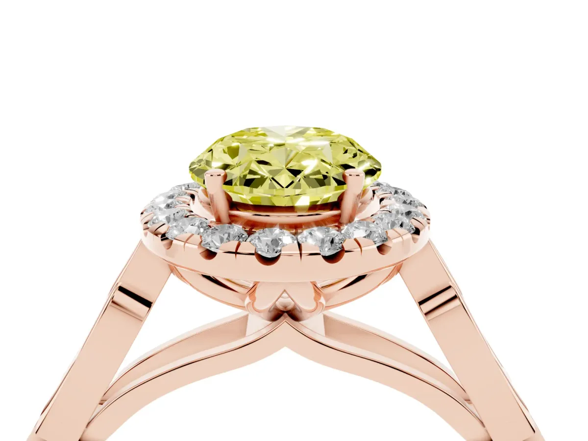 Fancy Yellow Oval Cut Halo Diamond Engagement Ring with Filigree Band and Four-Prong Setting Rose gold