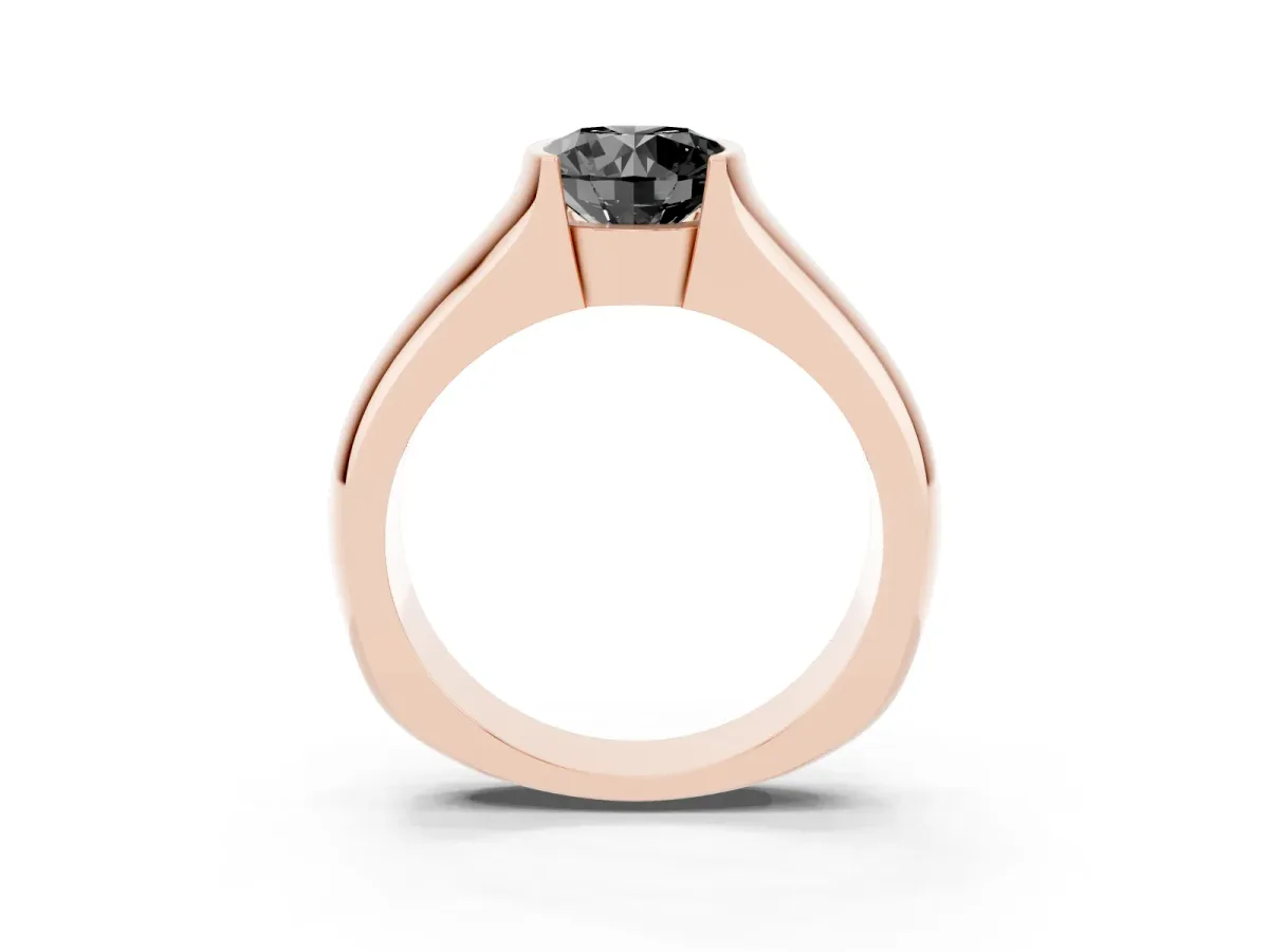 Fancy Black Round Cut Solitaire Bezel Set Diamond Ring with Wide Band Rose gold